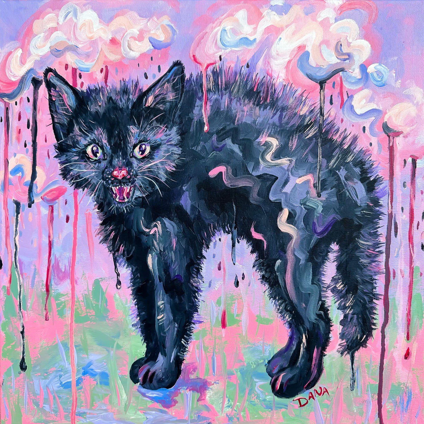 Painting of a spicy black kitten with a rainy pink and purple background