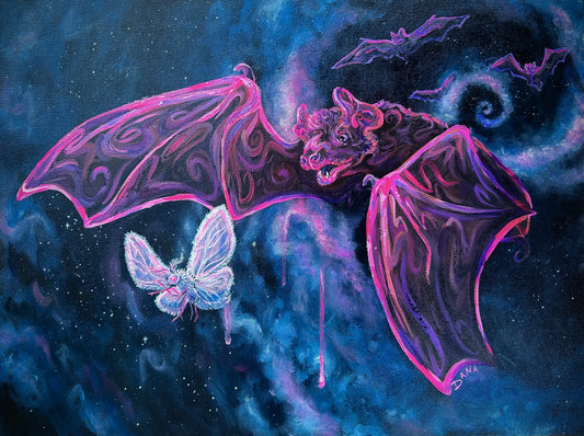 A painting of a Mexican long-eared bat in flight with wings spread, chasing a small satin moth. The artwork is made with fluorescent paints that glow under blacklight