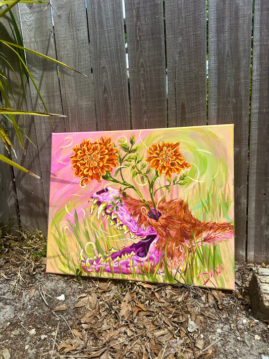 Canvas painting of a fox skull with  flowers blooming from the eye