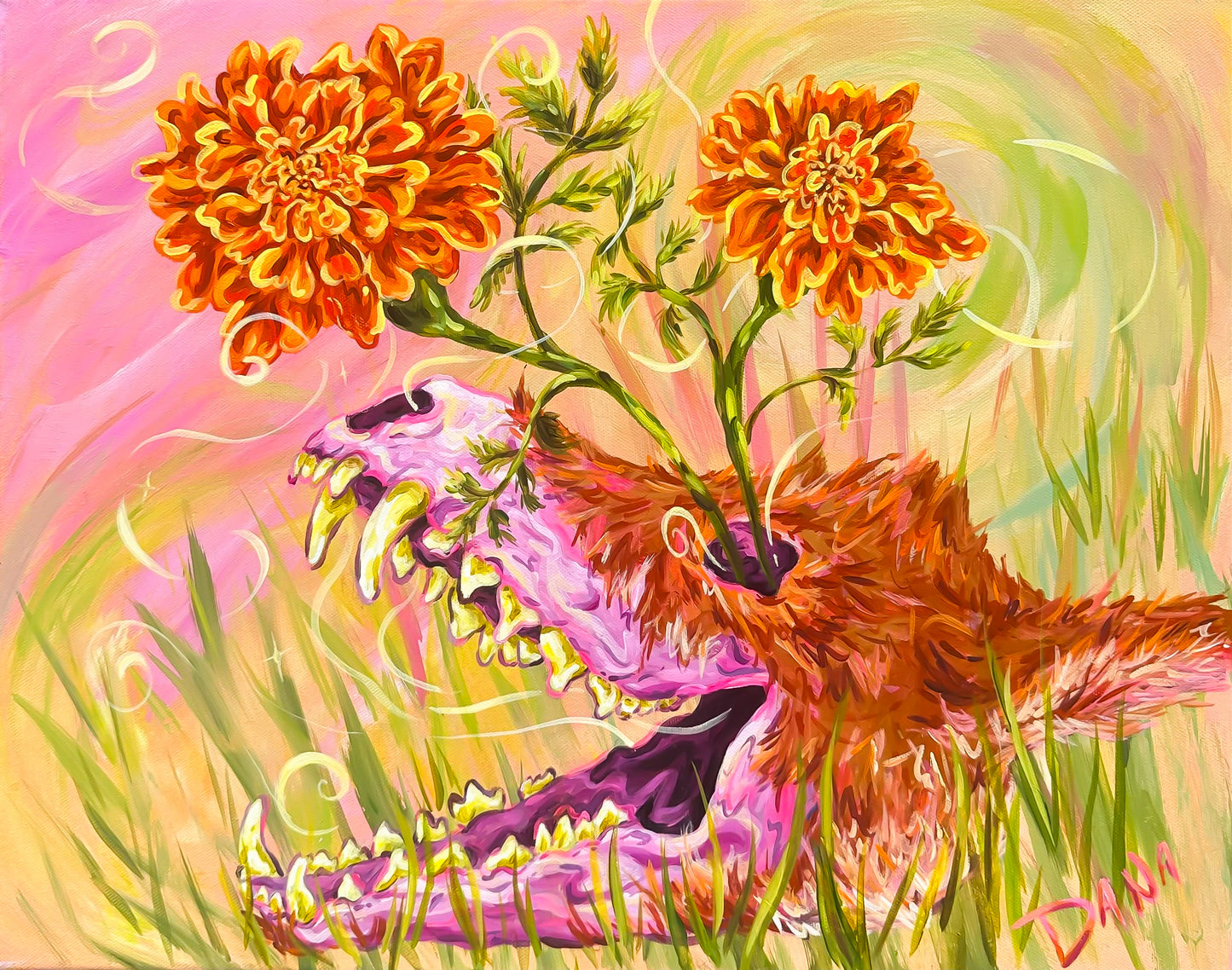 Painting of a fox skull with open mouth and flowers blooming from its eye. Grassy whimsical background