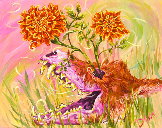 Painting of a fox skull with open mouth and flowers blooming from its eye. Grassy whimsical background