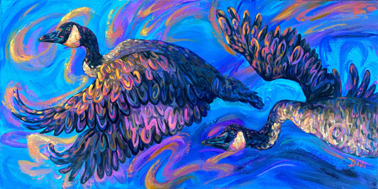 Colorful painting of two geese chasing the sunset