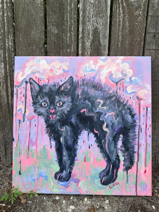 Painting of a spicy black kitten with a rainy pink and purple background
